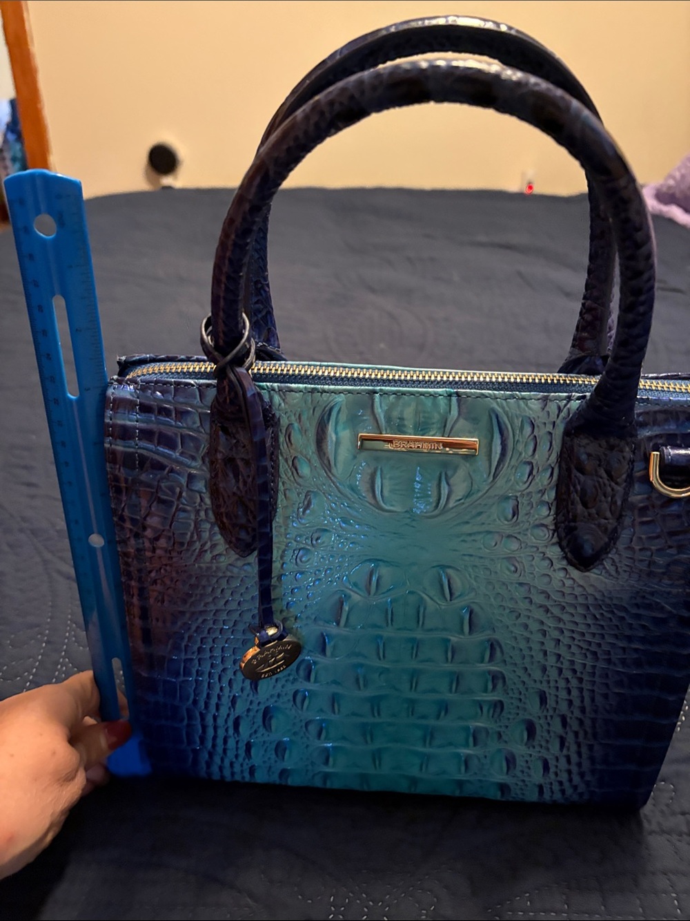Brahmin Teal to Navy Croc-Embossed Satchel